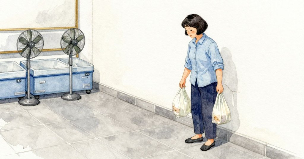 在低語聲下，有更涼的底色持續流動：思樂冰的槳慢慢攪、冷凝風扇穩穩嗡著、塑膠袋彼此輕輕摩擦。我把腳跟停在門墊旁的一塊地磚上，一條像枝枒的細裂痕在那裡，到口香糖大小的擦痕處便止住。燈光平穩地落在石灰色地面，裂線像早已在此度過許多個中午。