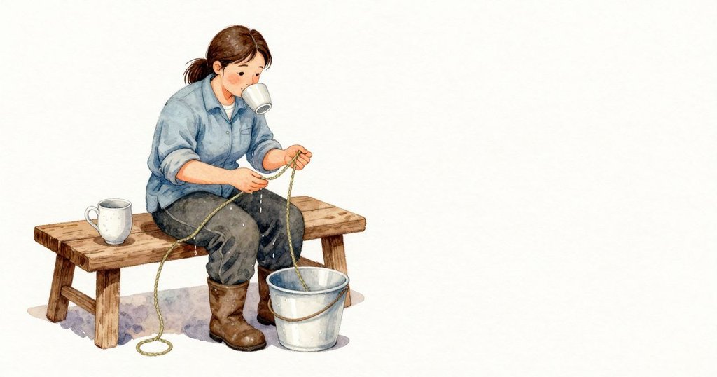 瓷杯上的水珠滑落，在長凳上留下圓潤水痕，木面慢慢變深。Liora 在掌間滾勻一束帶綠的麻纖，遞過去，接縫把它吸走不留痕跡。她用靴尖把放著繩把的麻桶踢近一些，繩把在木板上發出乾澀的摩擦聲。