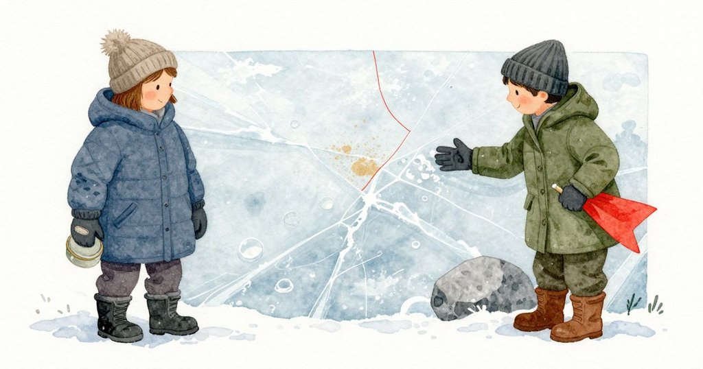 Tamsin 蹲下，手套貼在光滑的冰面上，輕刷開細雪，露出從一粒沙放射的細裂紋；在透明冰下，一縷細紅線被小氣泡圍成環圈固定，旁邊的花崗岩暗灰而安靜。