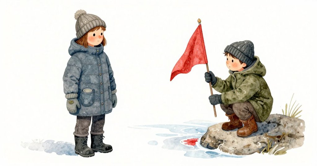 Tamsin 手套拇指上的新補針腳緊密，邊緣在刮痕冰殼上拾起細小亮點；冰下那細紅線在光中顯出絨毛，她以手套指尖輕滑過去被卡住，冰面不放一絲纖維；Graeme 換側夾著旗子在巨石邊蹲下，吐出的白霧很快變淡。