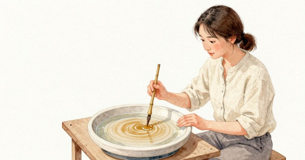 極細的竹筆尖靠在碟沿，透明膠中金色顏料慢慢渲染成渦。我的筆尖只沾最後一點點，沿著陶片白色未釉的斷面拉出細細一線，不碰觸到釉面。