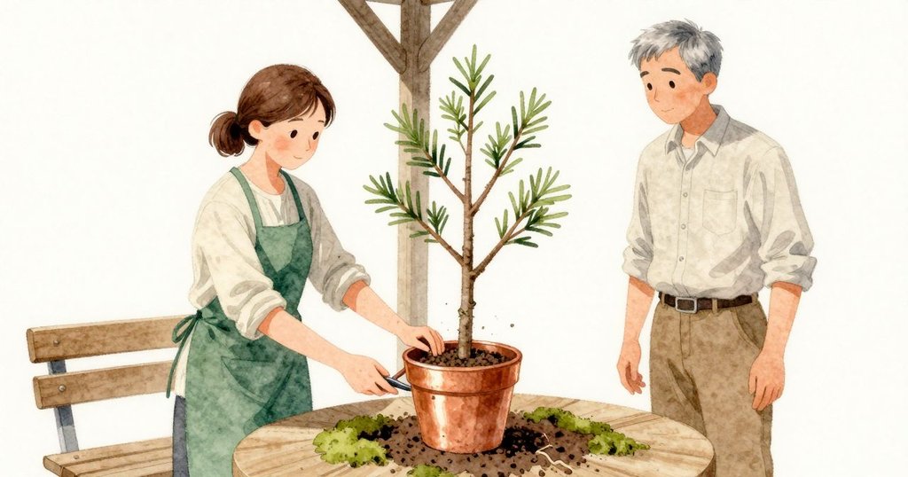 棚架的陰影一條條落在我的袖口與盆邊。我把銅線輕輕繞過幼枝,讓圓滑的剪口只推開樹皮不去咬斷。針葉簇頂到指節,我停了下來,幾粒赤玉土從拇指下滾出苔邊,劃出一道小溝,露出淡色根的一段弧。Jarvis在柱旁微抬下巴看向枝條與銅線,空氣在陰涼裡很安靜。