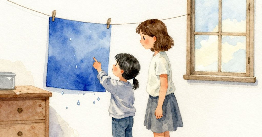 作品掛在繩上，水珠滴答落下，藍色仍在慢慢加深。Blythe 指向那塊乾淨的長方形，Lilac 用手指輕觸曾有霧氣停留的位置。旁邊的玻璃映著一小方午後天空，又滑回木質座中；淡淡鐵礦氣息仍在袖口邊。