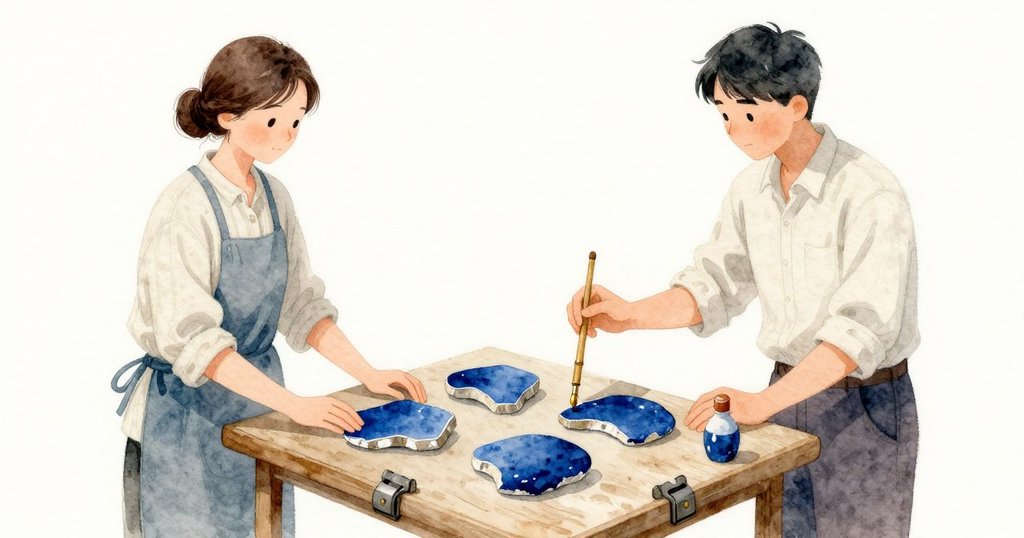 Kent 排好的五塊陶片如小河石般光滑,群青釉邊緣帶著粉白傷痕。一支細竹筆尖凝著金色微珠,旁邊是一支蓋緊的顏料小瓶。托盤邊緣整齊排著帶氈口的夾具,金屬在指痕處微微發暗。Tatiana 的手在碎片上方停住,正要選第一塊。