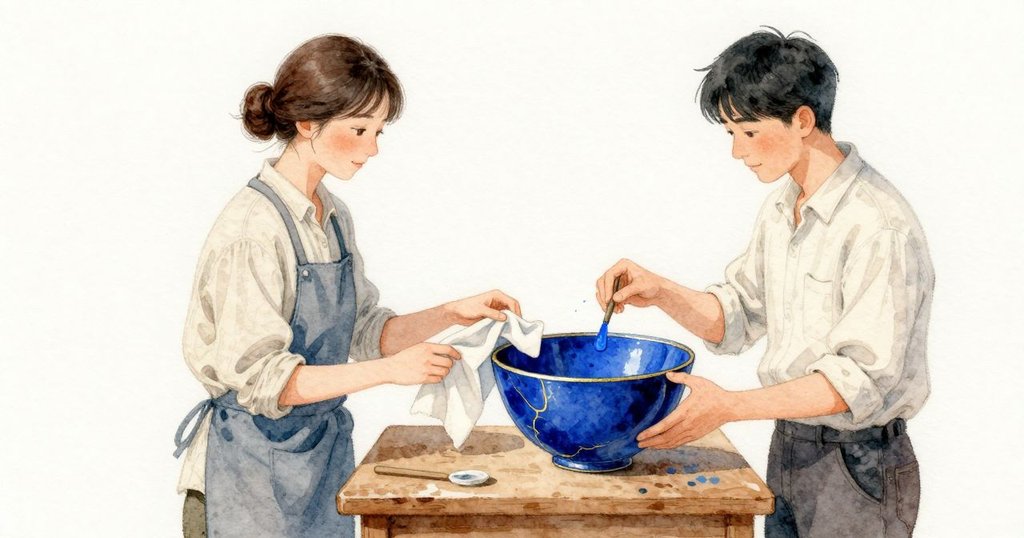 袖口擦過蓋好的小瓶,一點群青星屑落在釉面上。Tatiana 停住呼吸,用布角輕輕點拍,直到色點退成淡藍的呢喃。他們把器身微微轉動,讓那抹藍留在內側,金色接縫像晨光越過丘陵般慢慢前行。薄釉處線條更清晰,缺口處金層略厚一絲而發亮。