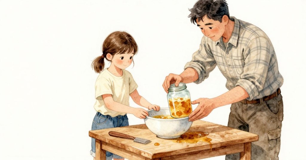 去蠟的蜂巢被架在大碗上，Rhea雙手抱穩乾淨的玻璃罐抬到巢邊。第一滴黏稠的蜜先在桌上印下一個逗點，天花板風扇啟動後，細細的蜜線被氣流帶偏。