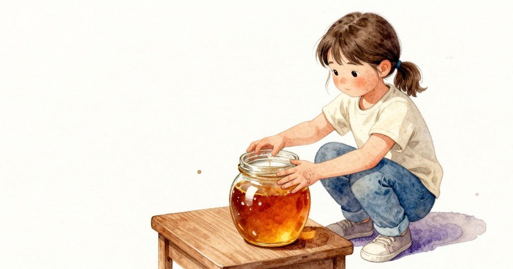 罐子漸漸變重，聲音由咯噠轉為安靜的流動。Rhea把罐底輕靠在大碗邊緣稍作喘息，蜂巢的六角光影映在她的指節上，手指又回到緩慢而穩定的弧線。