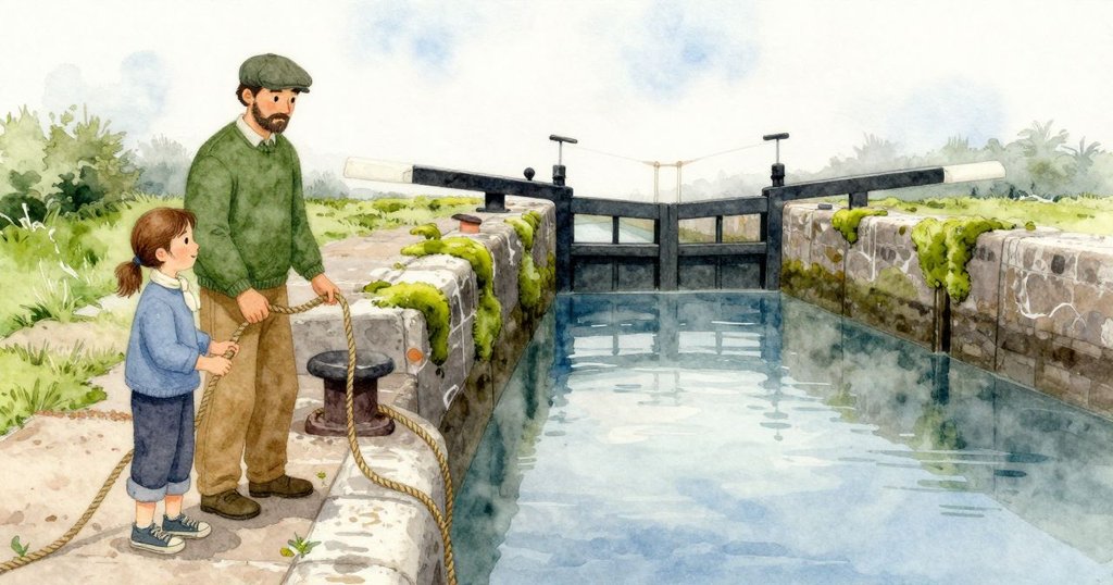 繩子在石柱上乾澀地摩擦並逐漸拉緊,船身慢慢滑入船閘狭道。石牆上是一道亮綠的苔蘚縫線,前方水面映著淡雲與一根漂移的羽毛,像停住的呼吸般平靜。