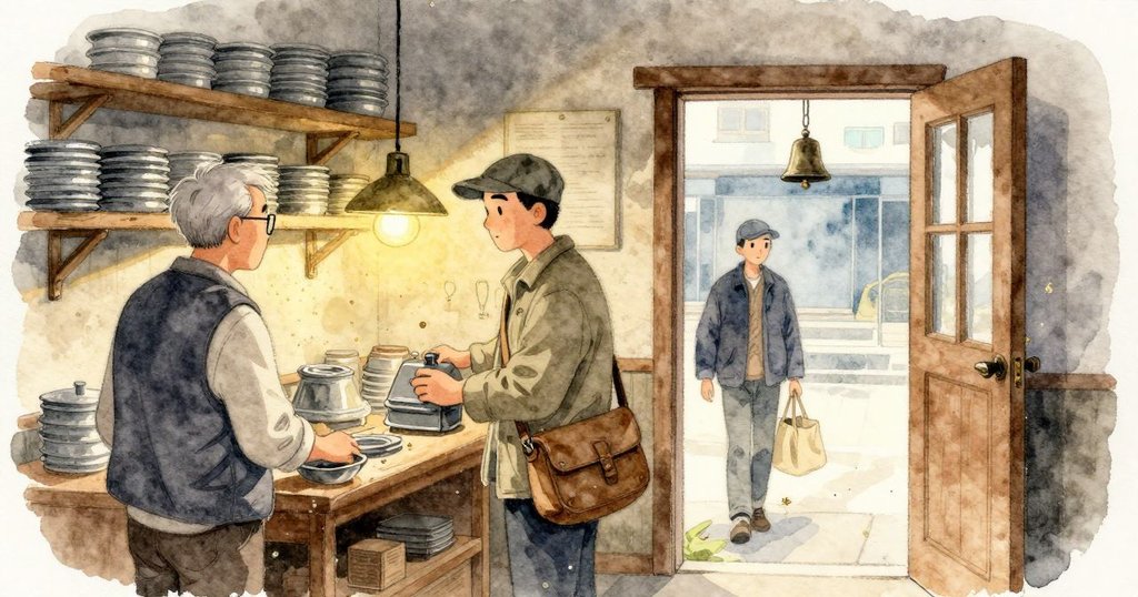 Oswin在架子旁,成品蓋子透著被摸過的黯淡光;前門大開,一股涼風把細木屑灑成閃亮飛霧越過工作檯,門口的Courier帶著街上的氣息,門鈴餘響未盡。