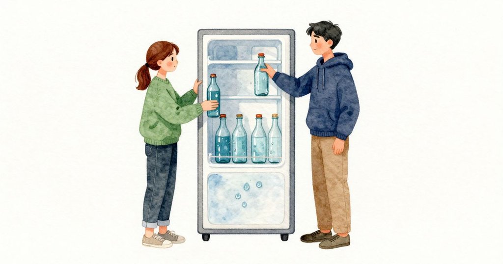 回到冷藏門前，那支原本乾燥的瓶子腰間繫上了一圈露水。我抓住門框把門拉出剛好能伸臂的距離，冷意沉在指節上；前排的瓶子濕滑地輕輕頂著手心，後方一整列安靜地往前推。Theo無聲地站到旁邊，一手穩住前瓶，一手扶著門。我把手指探過瓶脊，摸到第二支更冷一點、佈滿細亮水珠的瓶身；第一次抓滑了，他把前瓶微微抬起，那更深處的瓶子就順勢滑入我手裡。