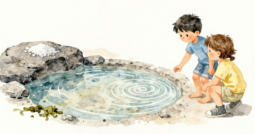 一小道漣漪碰到潮池邊,海藻與碘的氣味一下子竄起,幾粒白色結晶被鬆動;水面再度安靜後,昨日水線留下一圈薄鹽,像小帆般翹起在深色岩石上。