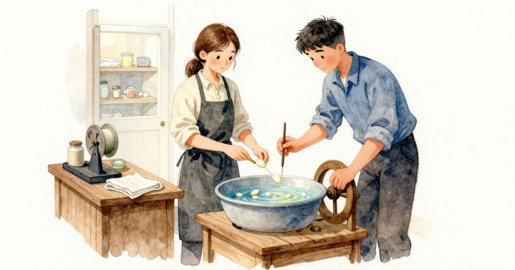 我把細得像髮絲的絲線牽過指尖，用小挑子在清涼的水盆裡輕推一枚淡色繭；Emmet 在一旁轉著低矮木座上的手搖捲軸，磨損的木樁每轉一下便發出柔和的咔嗒聲。木盤與線軸在手邊，幾個罐子伸手可及，毛巾平整摺好；門口透進淡淡日光，儲藏間只露出一些層架，水面光滑安靜地收住了亮度。