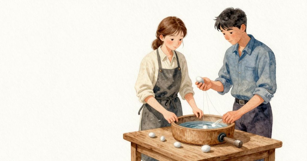 一枚鬆開的繭在我掌邊滾動，表面變得微微絨起；我用挑子牽起第三股幾乎要消失的微光絲，三股在指與木間拧成一束，然而水盆與木樁之間仍垂著安靜的弧線。Emmet 的手停在近旁又收回，袖口縫邊一圈細碎的磨損清楚可見。