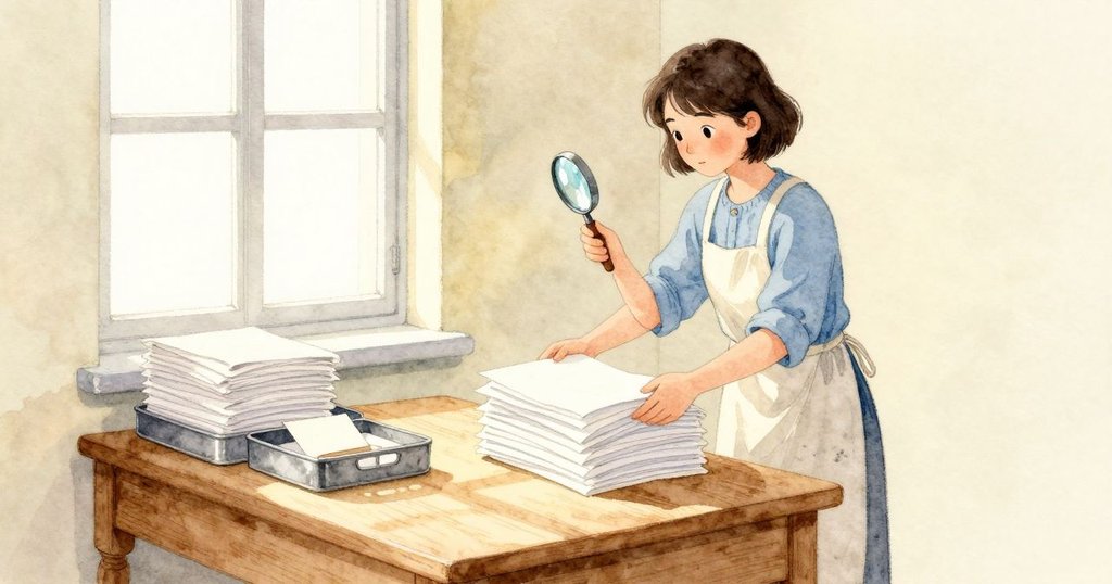 Iris 在窗邊整理紙張,指尖輕點字塊托盤,金屬的冰涼透過手指;乾爽的紙角微脆。日光鋪滿長桌,放大鏡把一枚圓亮投在牆上,慢慢移動。