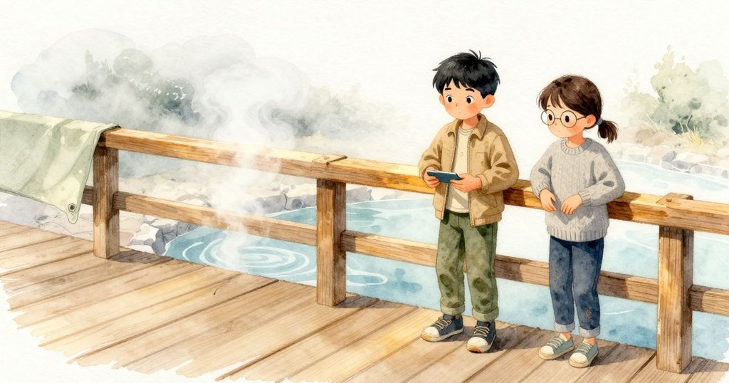 我的前臂貼在溫暖的木欄上,Zeke 和 Ines 靠在我身邊,轉角處一塊摺好的防水布以金屬孔扣在柱子上,布面還留著被箱子壓過的折痕。下方礦物池吐出輕柔的白霧,空氣裡溫熱與清涼交織,晨光將蜂蜜色的欄面與淡色的蒸氣一同照亮。