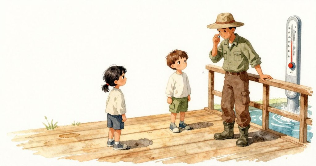 我和 Cedric 往木棧道上退開,濕熱拂臉;欄杆上留著一顆小水滴,中央變薄成整齊的環。腳邊的濕痕邊緣泛成粉白,溢流在日光下明亮低鳴;前方的溫度計金屬端在清澈支流中帶著一層淡霧,安安穩穩地懸著。