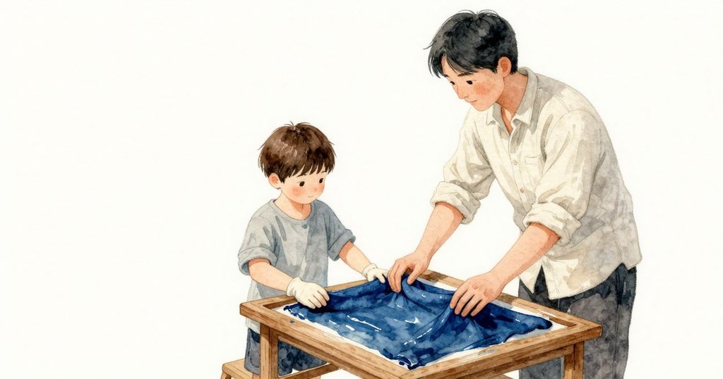 Oren 看著我的手腕，我們一起把方巾再度沉下去。染液只回以一陣安靜，折口在水下慢慢鬆開，顏色沿著纖維悄悄滲進。木邊頂著前臂，陰涼不動。