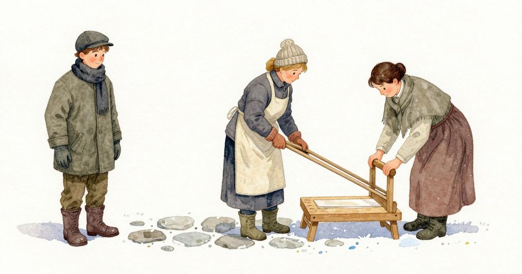 他把工具穩穩按住,順著改變完成到 Ingrid 畫好的角,提起修下的冰片,讓身體向後收回重心,冰塊安穩留在木座上。他退回拱門,呼吸放鬆,看向先前光帶滑過的那塊石板;其上留下薄如紙的淺濕矩形,一滴水不斷在中央耐心敲落。