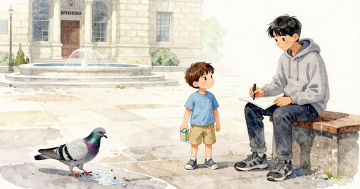 Pigeon and the Slipping Crumb at the Fountain