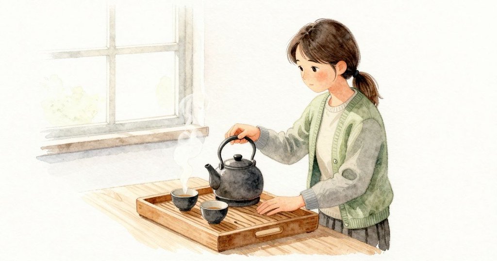 Winona 靠近托盤,呼氣在角落起了薄霧,細細蒸氣帶著淡綠氣息升起。Heath 的手心懸在壺上方試溫,水壺被他輕輕放回杯子外側。壺蓋的水滴落下,沿木紋一閃而逝,托盤表面依舊平靜。