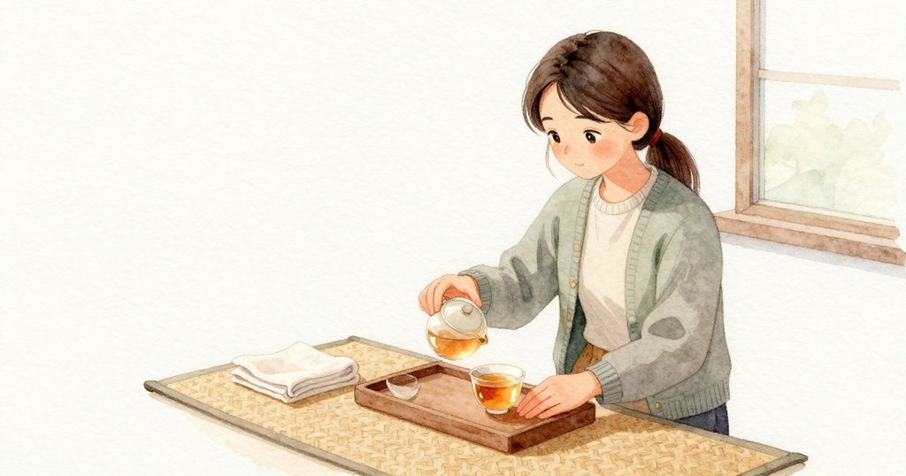 Heath 調好壺蓋,把兩只杯子放上托盤,將其中一只微微抬起並輕轉,表面薄霧退去成為清澈的琥珀色。折好的布仍安靜待著,Winona 的雙手環著較小的杯子,在編織墊上方穩穩停住。