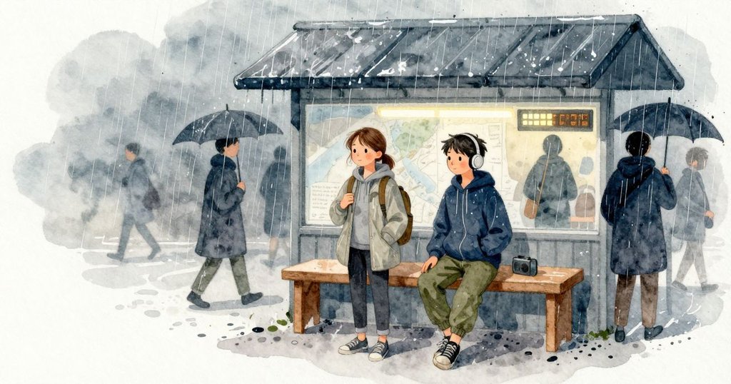 雨忽然傾下，屋頂打出沉緩的鼓點；幾個人踏進來，影子掠過我面前那層霧白面紙覆著的地圖。喇叭噼啪作響，對面的顯示屏閃爍著換了分鐘，聲音回盪後只剩雨聲和棚內淡淡的燈光。