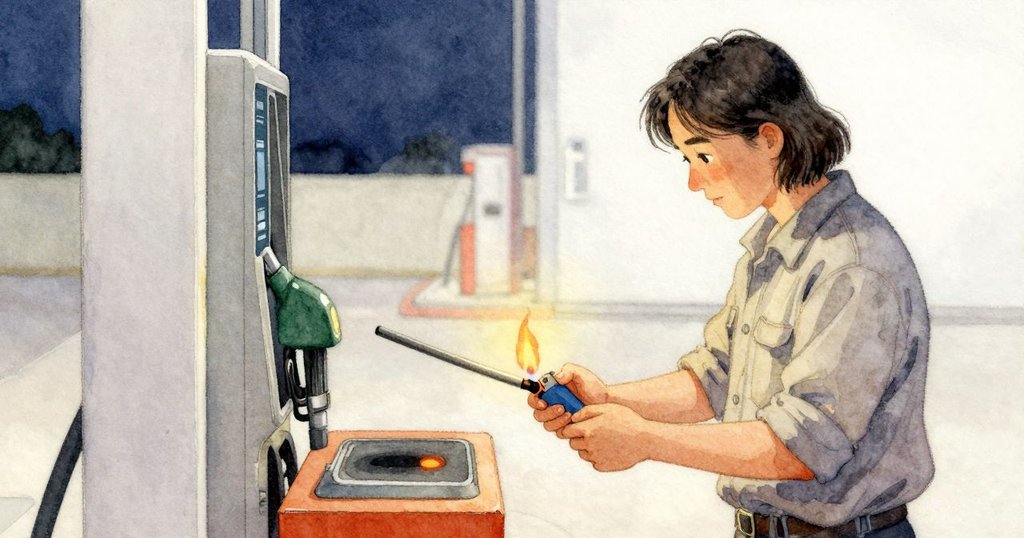 在燃料區，Adult at fuel station把長打火器向下送到暗面的燃料墊上，火舌一觸即穩，乾淨地燃起。墊面接住小小的橘色光，四周是有序的器具與安靜的夜藍空氣。