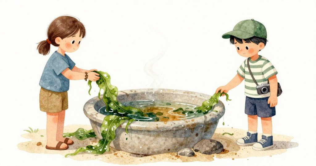 Willa抓起一把濕滑的海藻,沉重又冰涼;藻葉滑落回去拍在石上,讓潮池嗡響並迅速混濁,棕色細絲從池緣滲入,清澈的水轉成茶色,淡沙時隱時現。