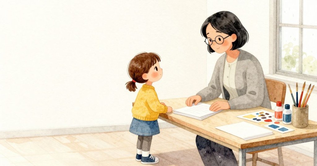 前方的桌邊，老師用雙手安穩地按住一疊紙，抬頭輕聲向 Paloma 打招呼。旁邊的美勞桌上擺著膠水、刷子和小材料，整齊地等著被使用，室內的柔光鋪在桌緣與紙面上。