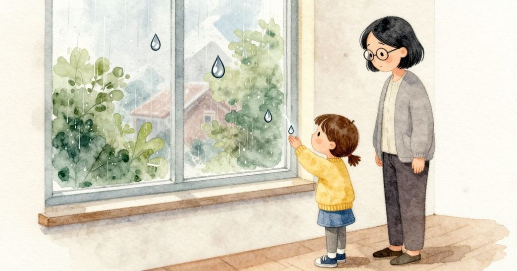 兩顆圓圓的雨滴在玻璃上慢慢靠近，輕輕相碰後合成一條更亮的水痕。Paloma 貼近窗邊看著，外頭的顏色在雨裡變得柔軟，教室安靜而清涼。