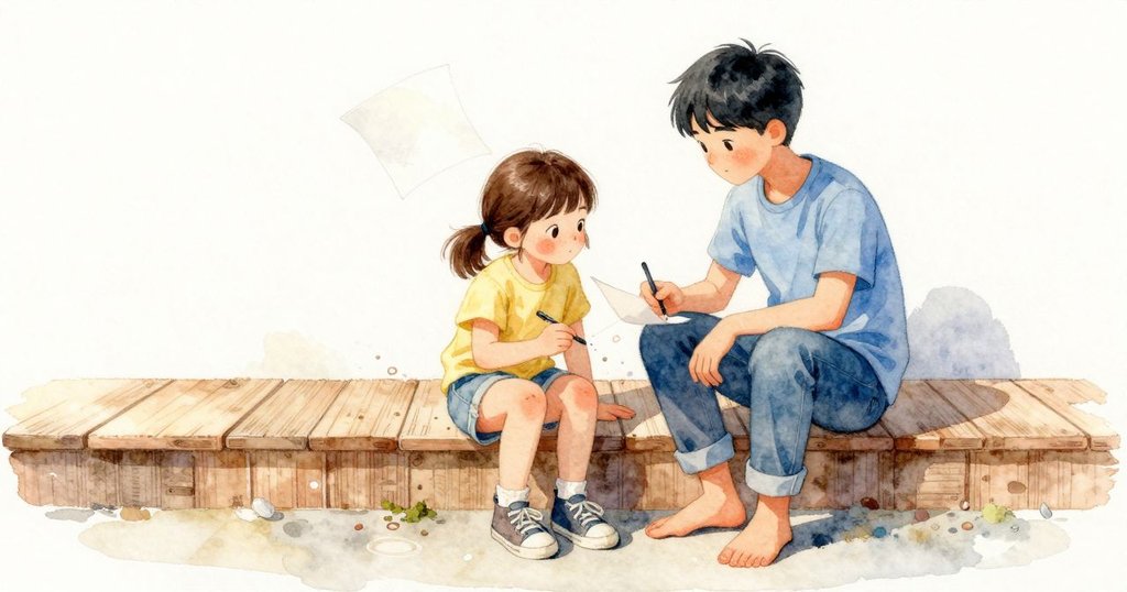 後院台階上，the older sibling在畫畫，一張紙被微風掀起又落下。我把筆放在台階上，筆下壓著幾片剝落的油漆捲屑。木面上留著一個淡淡的圓痕，陽光讓我們的臉發熱，她的臉頰泛著柔粉。