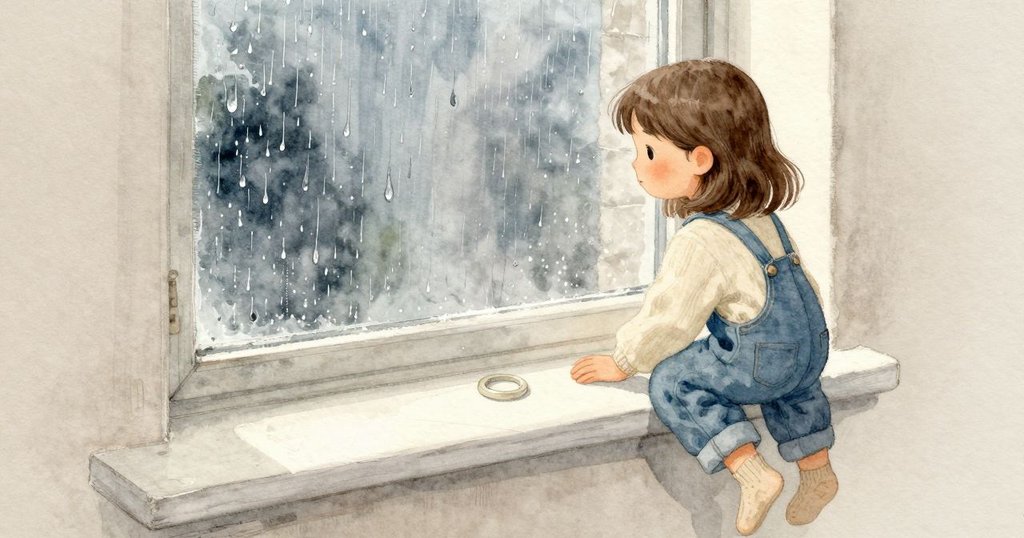 雨點輕敲窗玻璃,我的手掌放在窗台那圈乾淨而發白的印記上。木頭涼而平滑,邊緣排著一線細粉般的灰塵。靠近窗框的空氣帶著淡淡的灰塵味,我聽著細密的敲聲不斷。