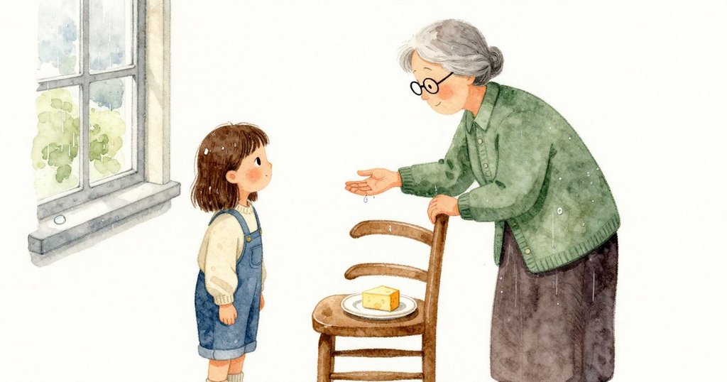 椅子旁的小盤子上放著一塊起司。grandmother抬頭說她聽見滴水,我把手腕伸到窗框角落下方。細小的水珠長大、脫落,涼涼地碰到我的皮膚後滑下去;我又看著下一顆慢慢形成並滑行。