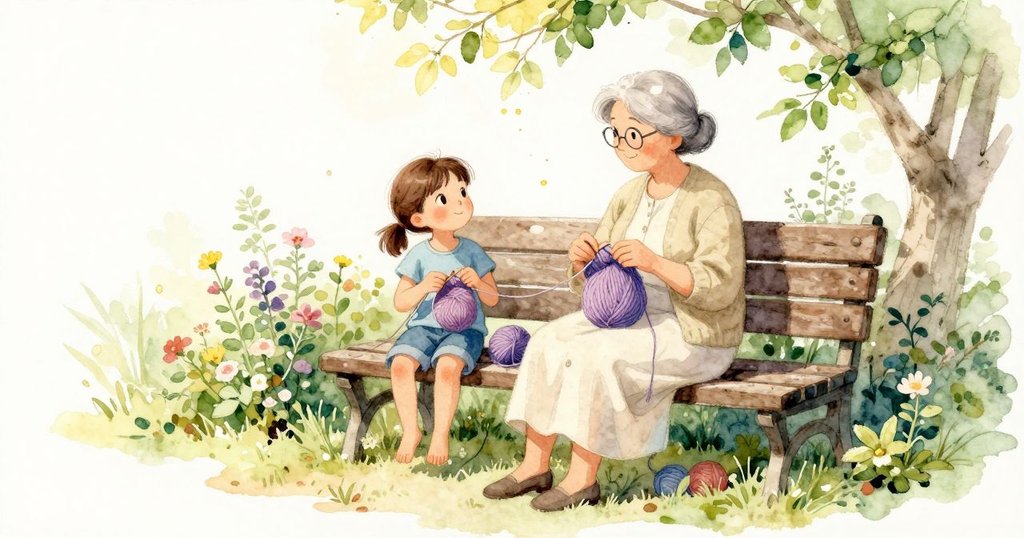 細細的花粉在空氣裡輕飄，the grandmother 坐在花園長椅上穩穩織著線團，針尖發出輕輕的碰聲。她帶著暖暖的笑望向花圃，斑駁陽光透葉而下，讓漂浮的粉點一明一暗。