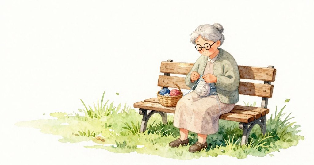 剪過的草在小徑旁散出甜甜青草味，the grandmother 端坐在木椅上編織，雙手穩定牽動柔軟毛線，旁邊小籃子收著線球，日光溫柔。