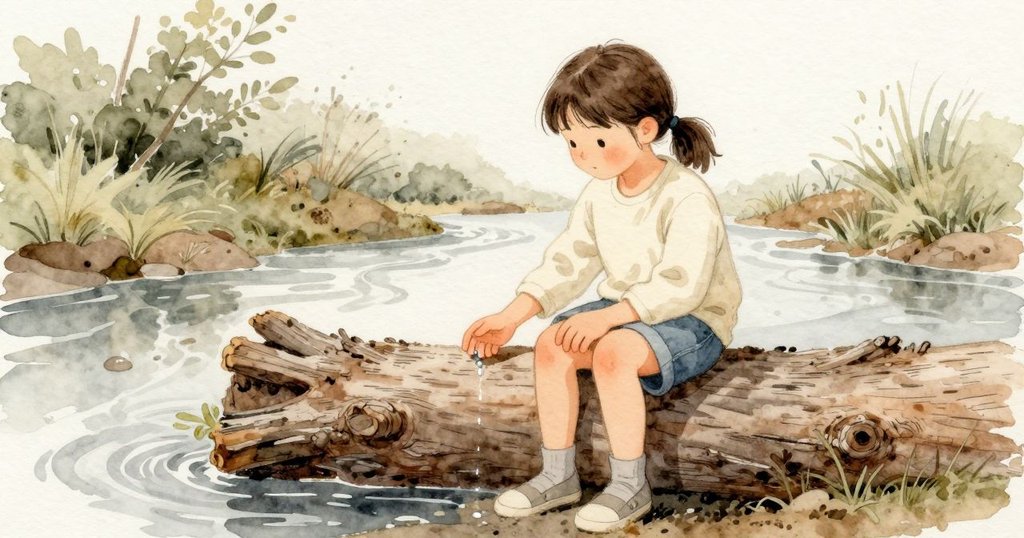 涼涼的一滴水點在 Nadine 的手腕上。她坐在倒木上不動,腿貼著粗糙樹皮,手心下有細小砂粒。木頭上舊的刮痕成條紋,潮濕泥土的味道在空氣裡,溪水聲低低地流過。