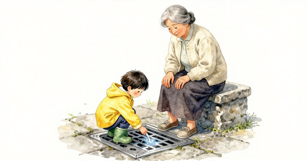 我蹲在排水口旁，小小的積水貼著平平的鐵柵。膝蓋壓在涼石上，我用指尖碰到柵條的稜，細紋頂住皮膚，薄水映著一點天空。