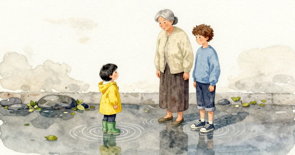 我望向大水窪，older sibling站在邊上，慢慢哼著歌。葉子在水面一起移動，灰水映著淡天色與牆色，整個院子安靜溫和。