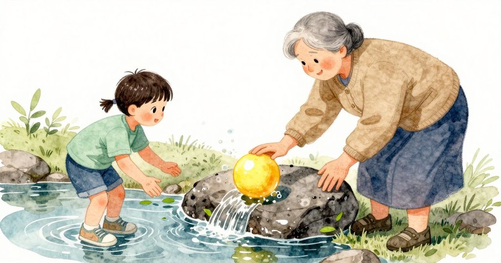 the grandmother 的手把亮色的球推向岩石邊緣,我的手在邊緣等著,拇指旁小小的氣泡冒起又破開。石面在邊緣更深更滑,水沿著邊緣緩緩流動,葉影的綠在水面上晃動。