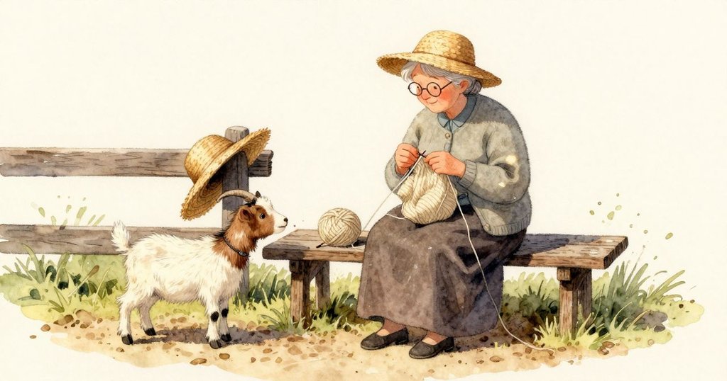 the grandmother坐在長凳上編織,草帽的帽檐微微朝向圍欄;一隻小山羊輕輕撞了柱子,短短的頸毛拂過木頭,她轉頭望向缺口外,陽光溫暖落在衣袖上。