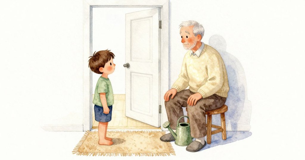 我走到敞開的門邊,明亮的走廊光線鋪在外頭。Grandfather坐在走廊的小凳上,腳邊放著一個小澆水壺。光線擦過他的衣袖,也輕輕照進房內。