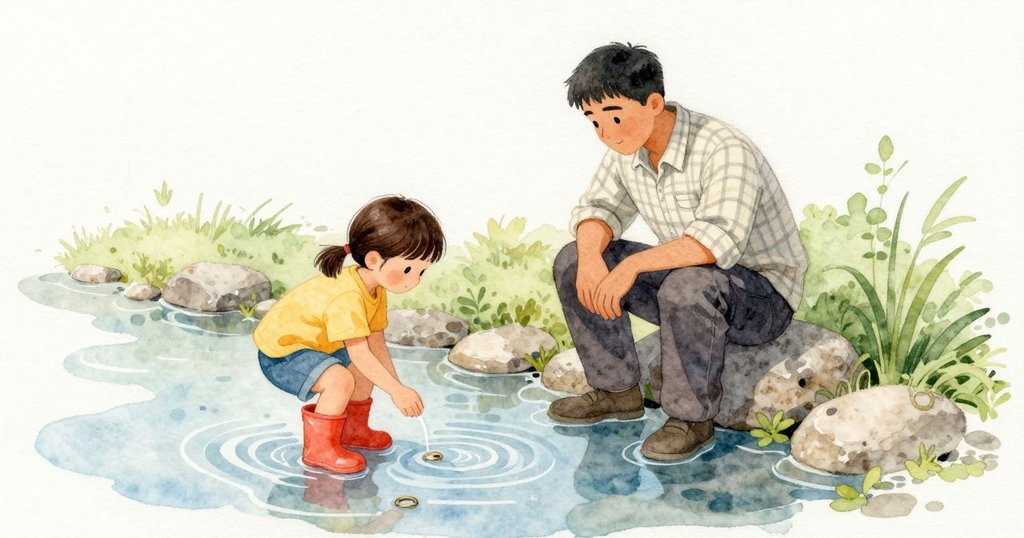 the father 坐在圓石旁看著水面的小圓環,Zara 向前傾身找自己的臉。波環掠過,使她在水中的嘴變得模糊又慢慢回復。石頭的灰與一點綠意貼著水邊,陰天的柔光讓一切安靜。