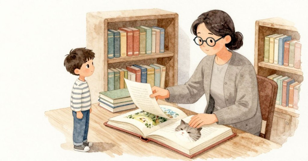 書架旁，the librarian 安穩地坐著，紙張沙沙作響，一張薄傳單從一疊紙裡滑落到大開的書上。書頁寬而奶白，照片佔滿頁面，其中一頁是一張安靜的貓臉。灰光攤在她的手與紙面上。
