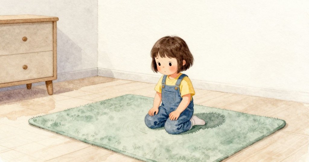 Alma 跪在柔軟的地墊上,膝蓋壓住一塊涼而乾的地方,小腿下方可見淡淡的輪痕,地墊微微回彈,室內光線平穩柔和。