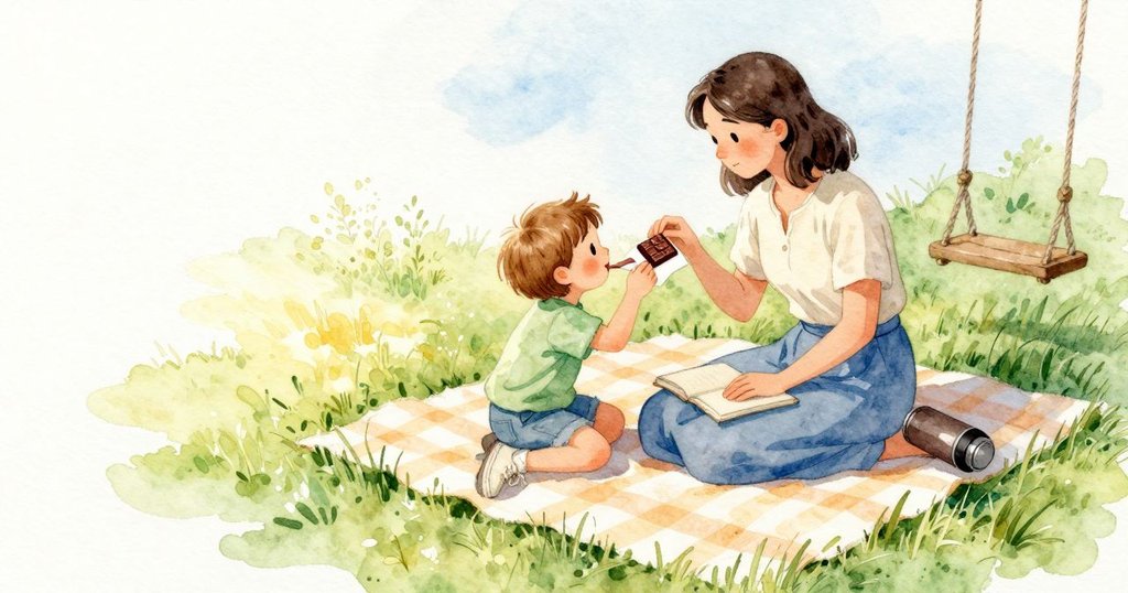 小巧的巧克力放在餐巾上，Fenna 俯身輕舔一小點；the mother 坐在野餐毯上，膝邊斜靠著保溫瓶，腿上放著合起的書。陽光成一道亮帶穿過毯子與草地，遠處鞦韆輕輕作響，割下的草味在小路邊飄起。