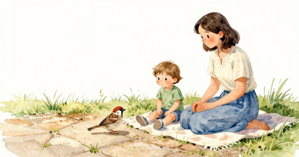 一隻麻雀在小路上啁啾，羽色棕灰，停在溫暖的土色路面上；the mother 的聲音從毯子那裡傳來，Fenna 抬頭往鳥看。陽光輕落在草邊與路面，空氣安靜。