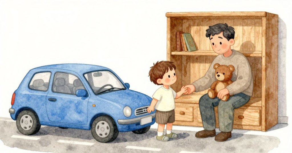 藍色小車回到隊列，Hartley輕輕一按讓它對齊。the father在旁邊說話，布偶熊安穩地待在他腿上。Hartley用拇指刷去保險桿上的一條灰痕，墊子上的道路重新顯得整齊。