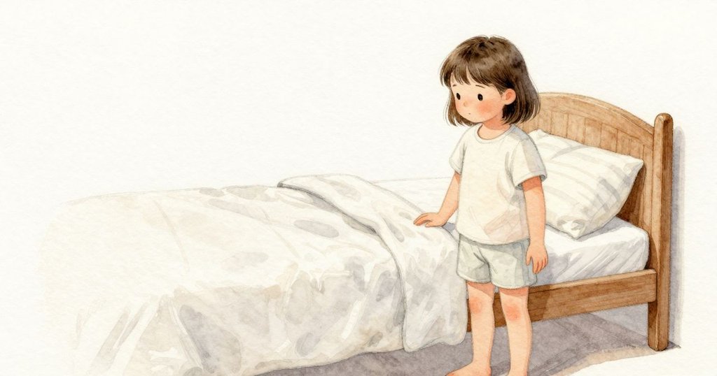 Phoebe站在床邊，手掌貼在溫潤的木製床框上；枕頭留下細細的折痕條紋，晨光輕落在棉布上，房間安靜而穩定。