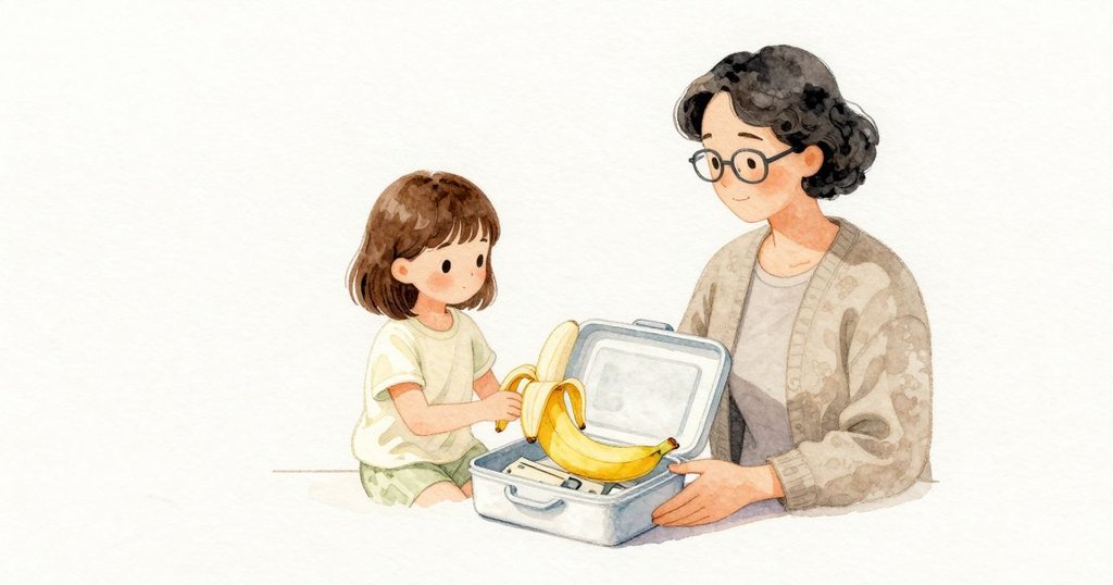 便當盒打開，裡面有叉子和一小包鹽；Phoebe放入香蕉，香蕉把叉子頂起來，蓋子碰到叉柄便停住，維持半開的樣子。