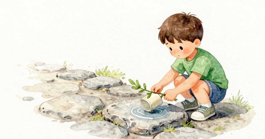 在小路的石板上,一個被壓皺的杯子黏住不動。Corbin用一根小樹枝從杯緣下方滑入,輕輕轉動,杯子慢慢吱呀地抬起,露出一圈清亮的濕痕,環住灰色的石面。空氣涼而清,新光在水痕上微微發亮。